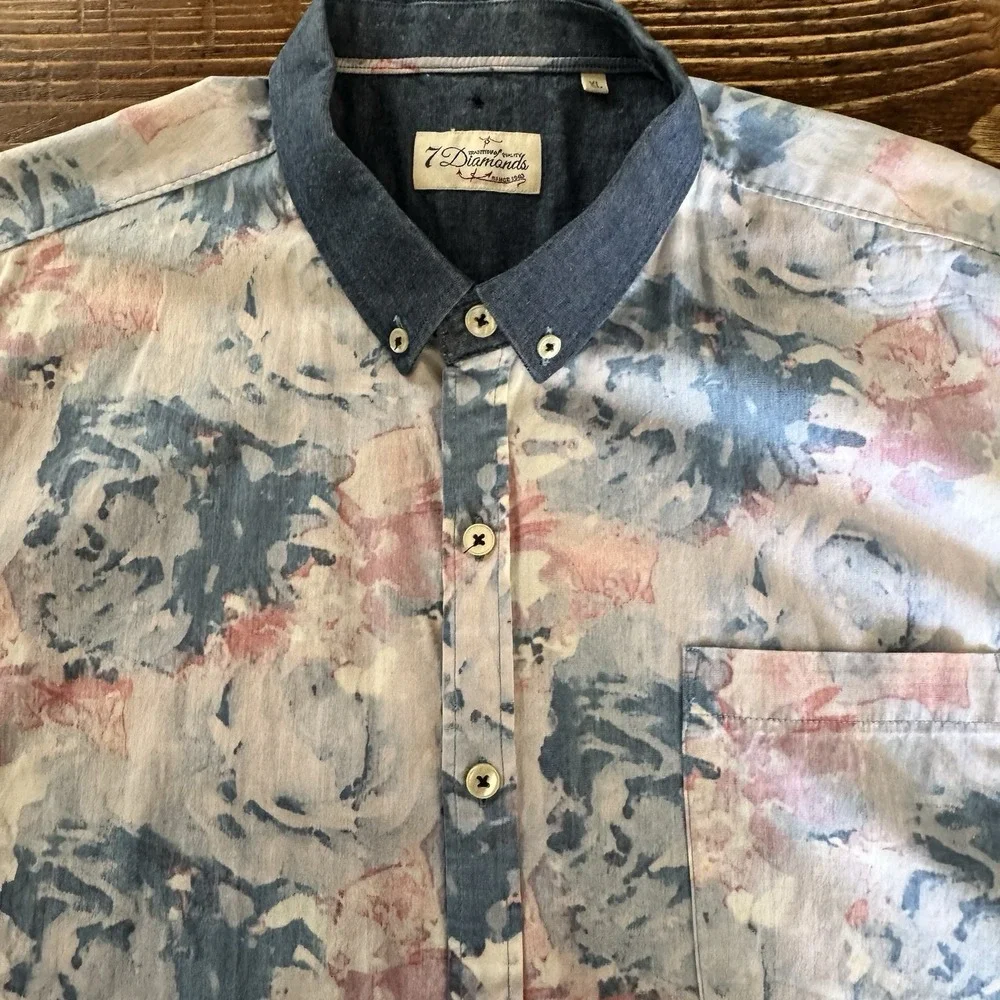 7 Diamonds Shirt  Abstract Print Polyester Cotton Blue Denim Collar Men's Size M